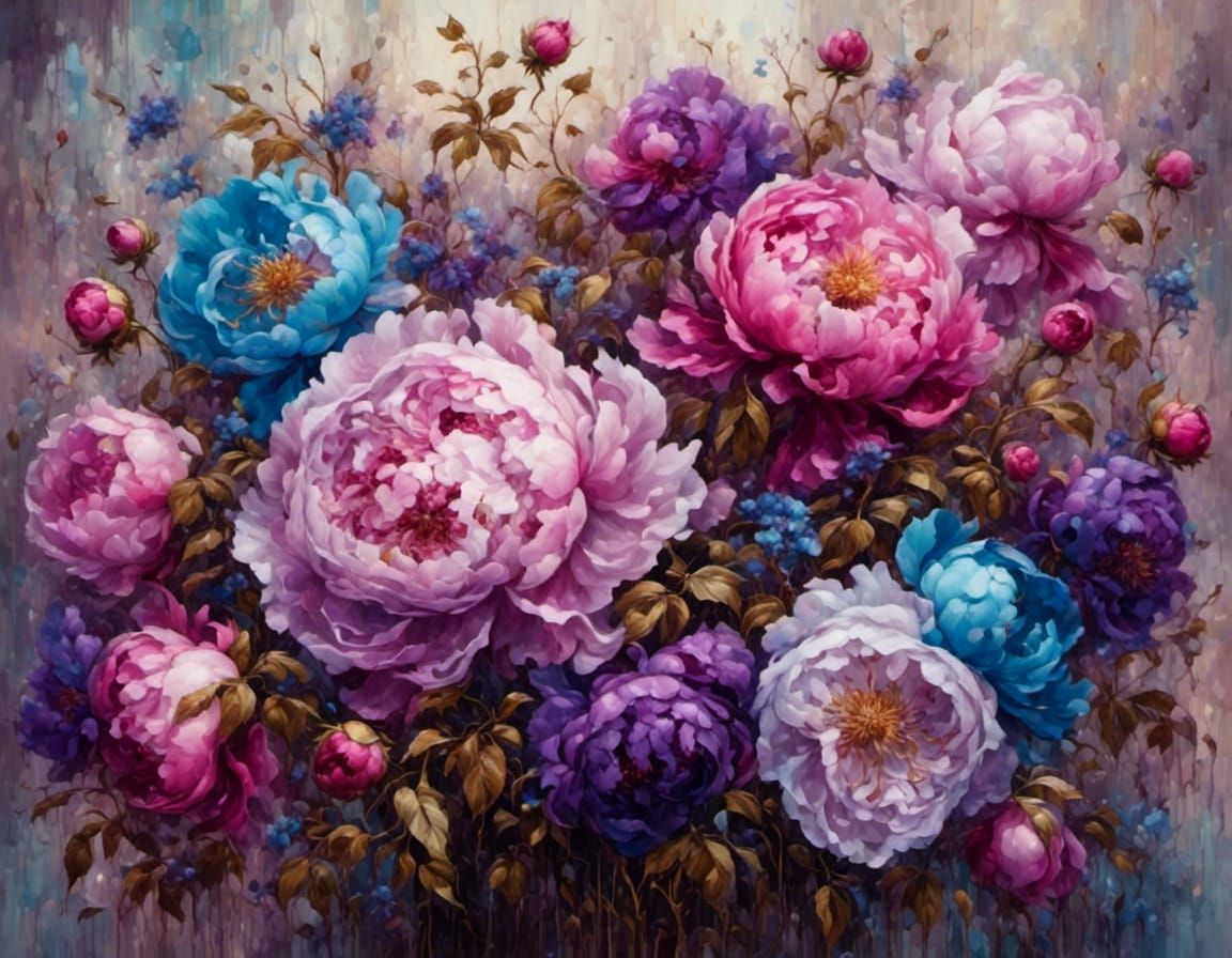 Hyperdetailed Bouquet of Purple, Pink, and Blue Peonies