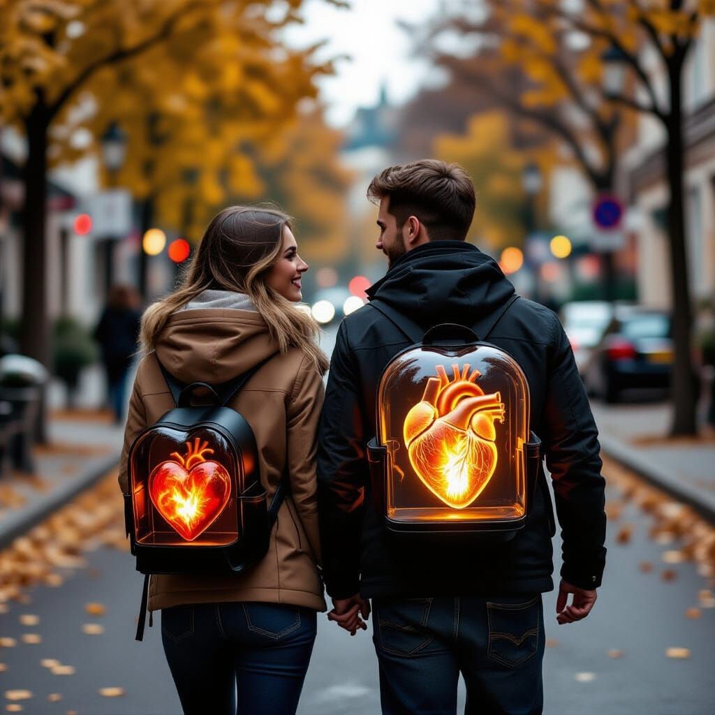 Couple Walking on Autumn Street With Glowing Heart Backpack