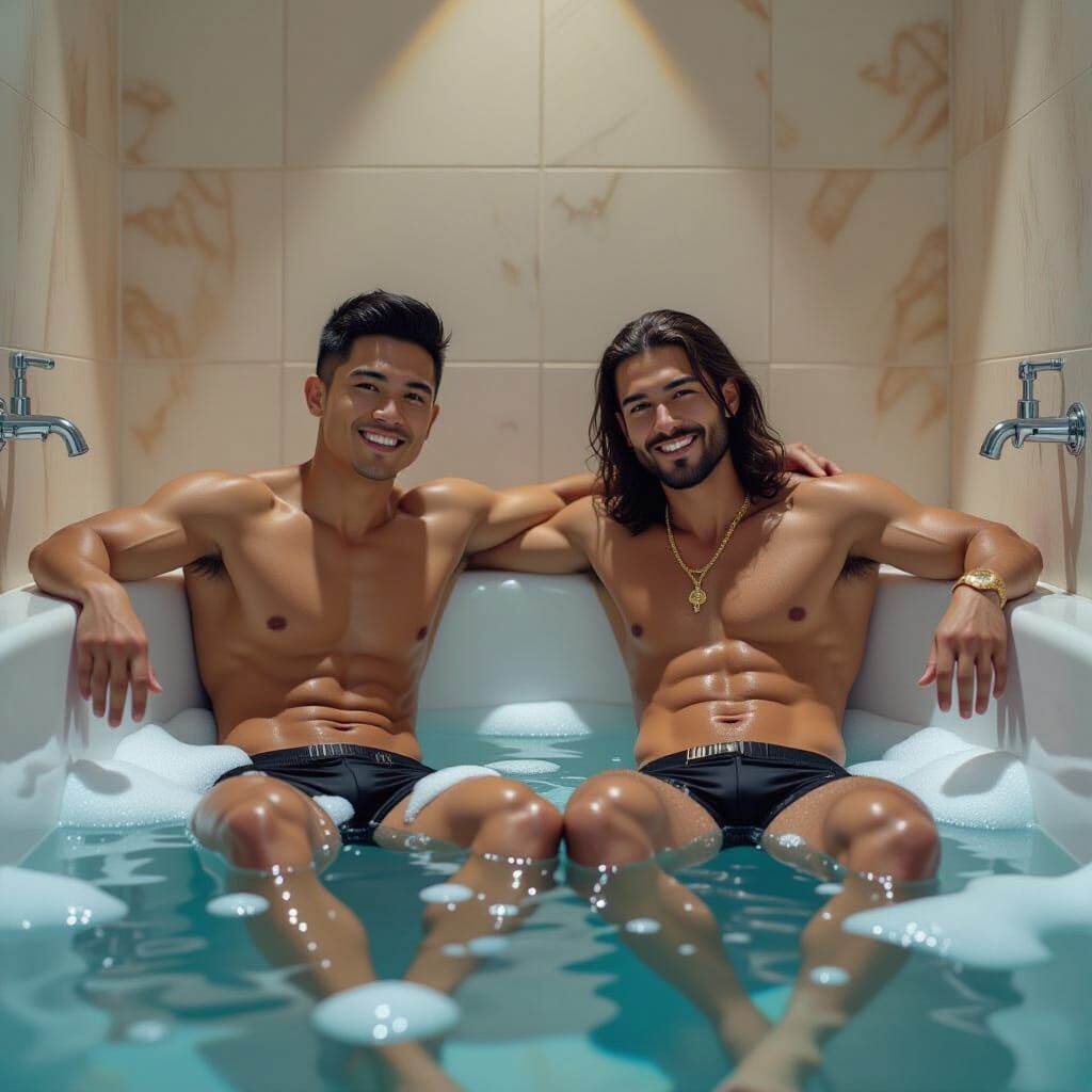 Athletic Men Relaxing in Hyperrealistic Hotel Bathtub