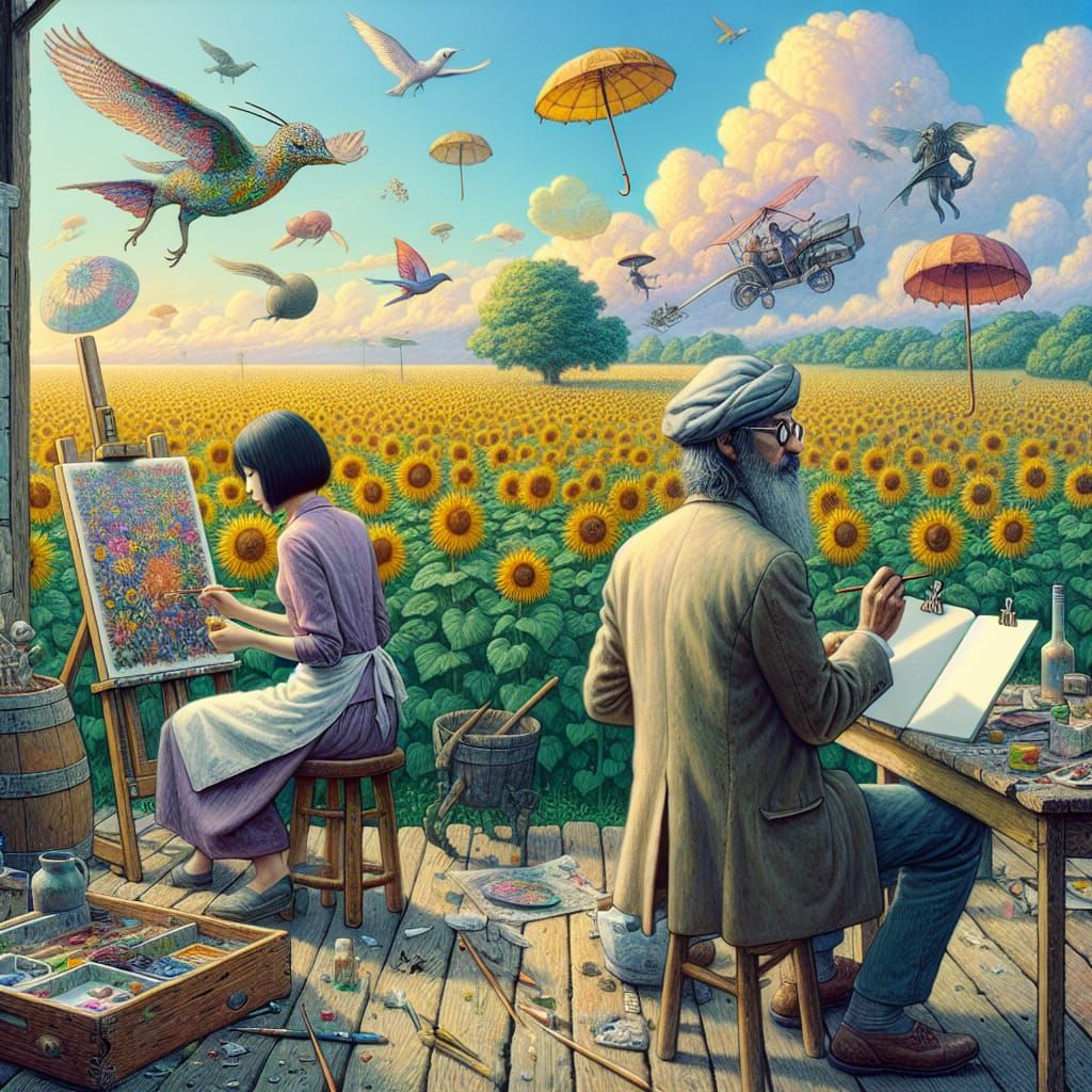 Whimsical Artists in Sunflower Field, Impressionist Style