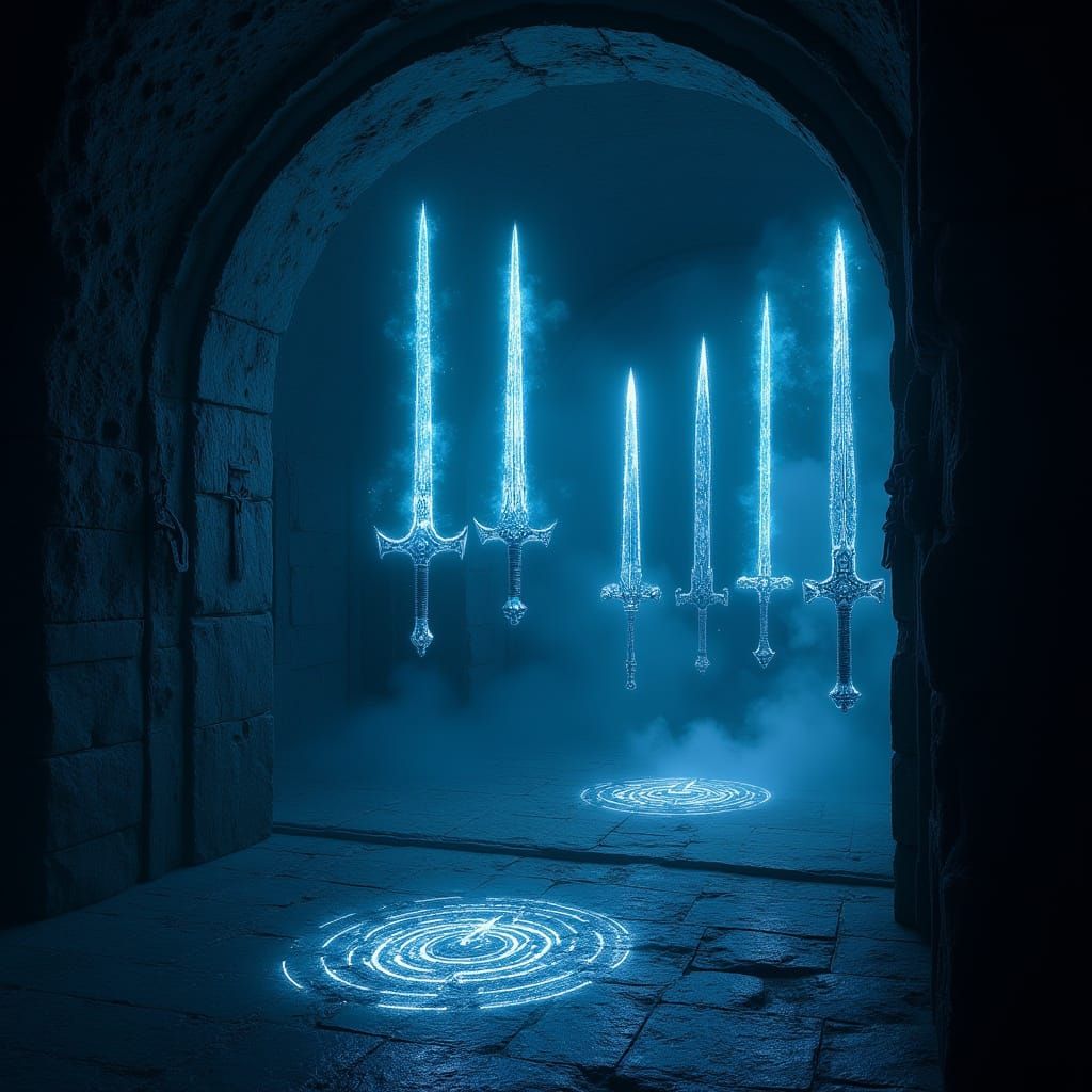 Ancient Vault Illuminated by Shifting Holograms in Obsidian ...