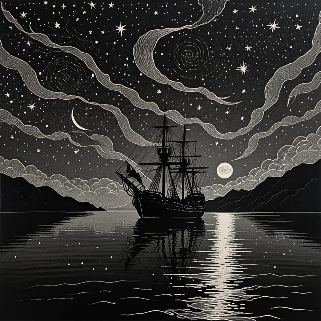 Mystical Starry Night Over Black Sea: Silver Etching
