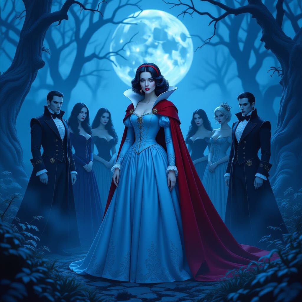 Snow White Protects Seven Vampires in Moonlit Forest