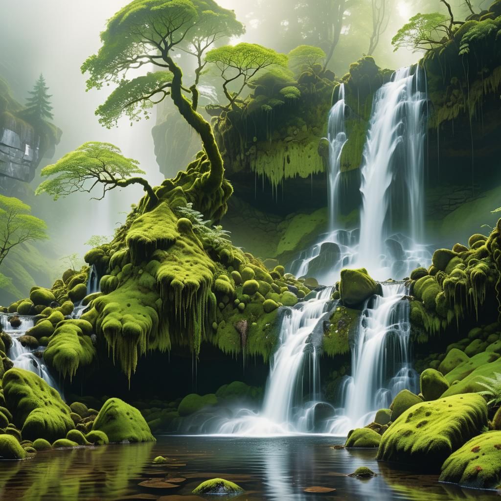 Majestic Waterfall in Misty Fantasy Landscape