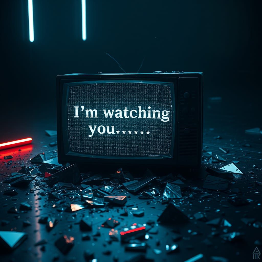 Broken TV Screen with Ominous Message in 3D