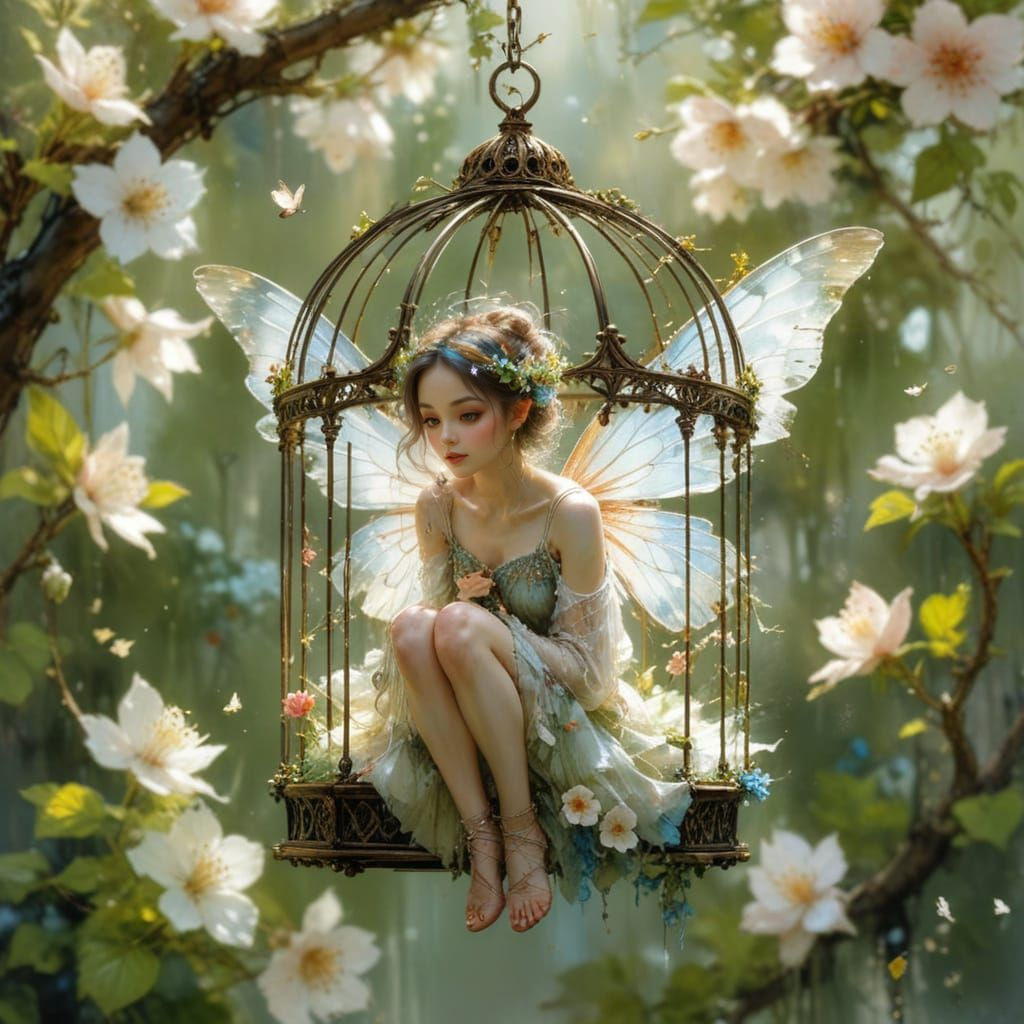 Tiny Fairy in Ornate Birdcage Hanging in Apple Blossom Tree