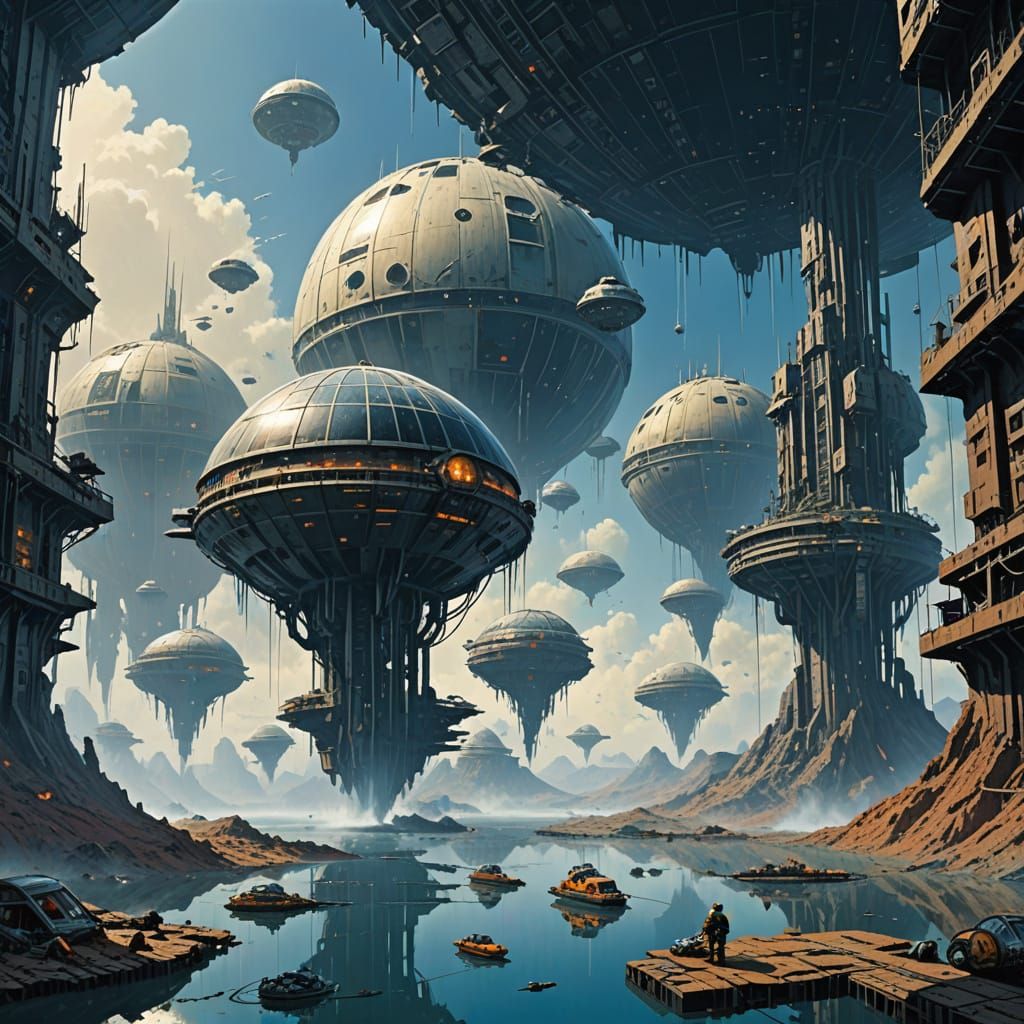 Humanity living in dome cities far above the surface of the earth covered by water after an apocalypse. sci-fi, Chris Fo...