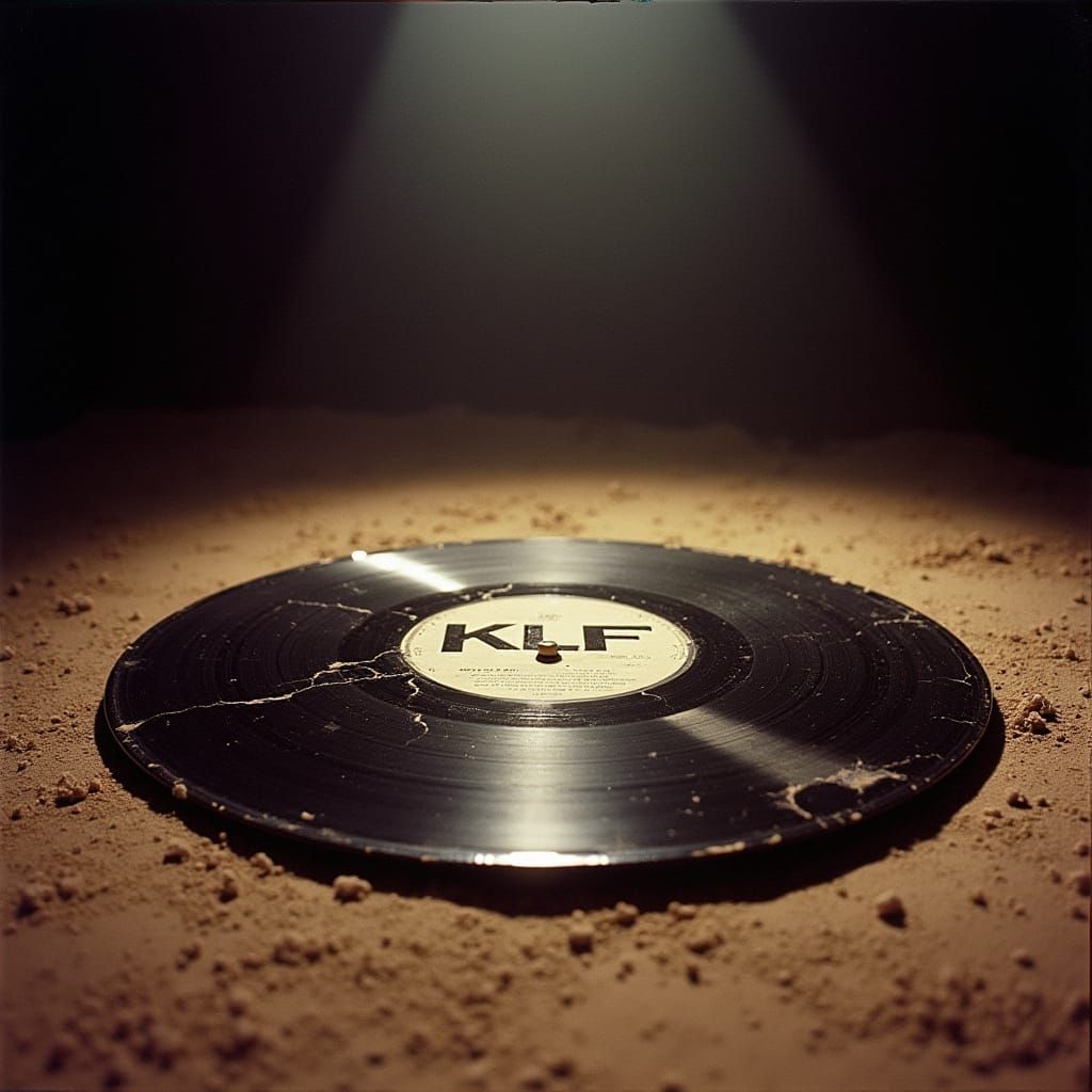 Vintage Vinyl Record on Dusty Stage, KLF Logo