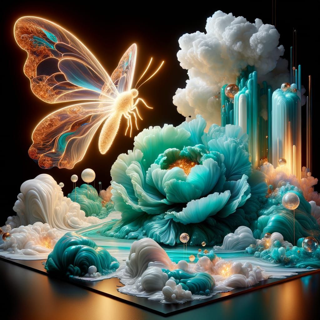 bioluminescent butterfly on turquoise flowers