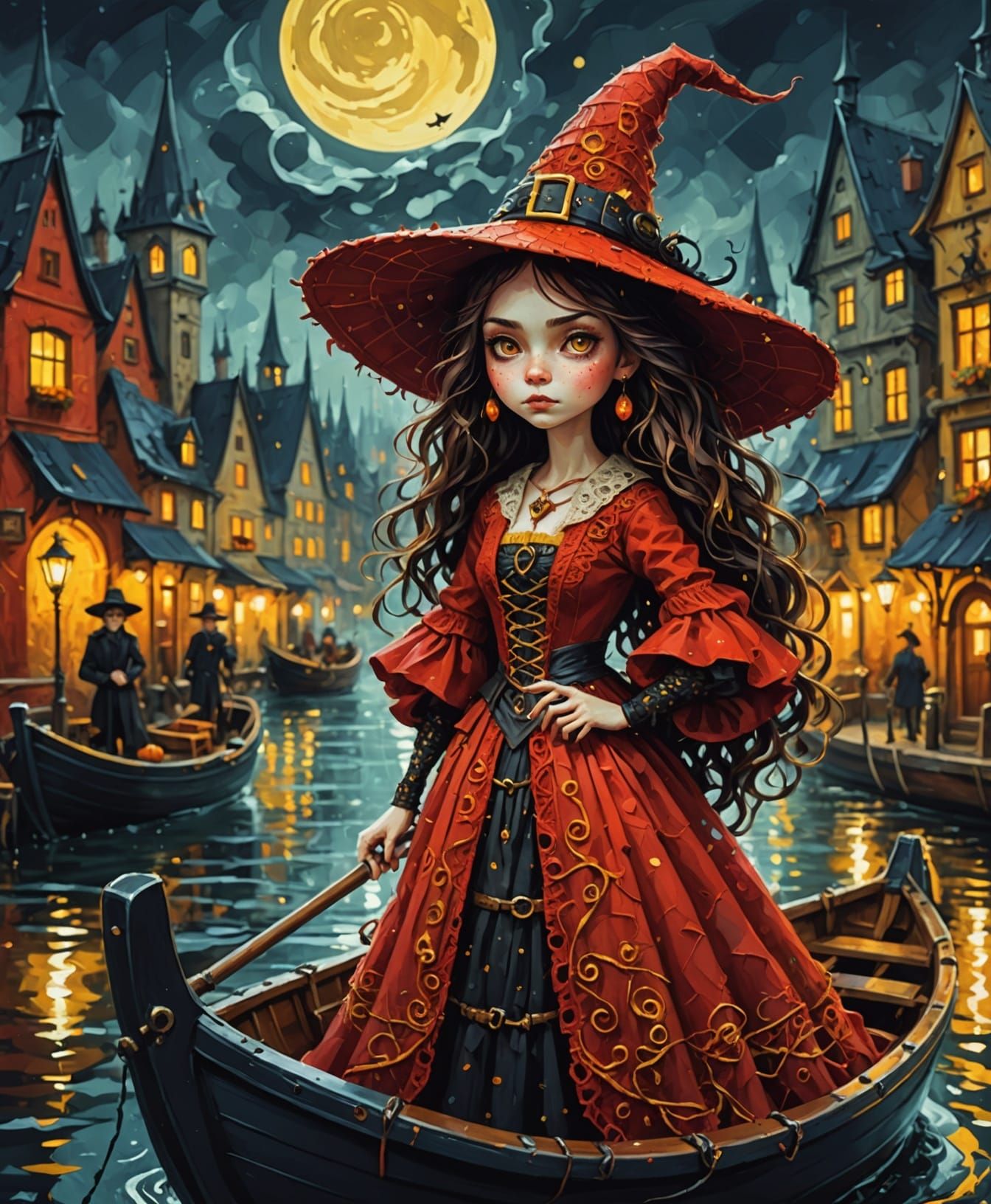 Steampunk Halloween Witch in a Cityscape, Oil Painting