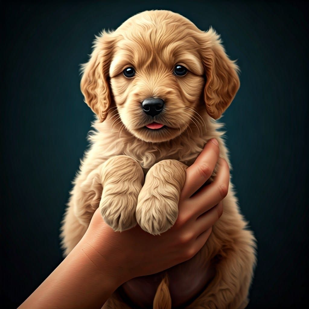 Golden Doodle Puppy Cradled in Gentle Hands