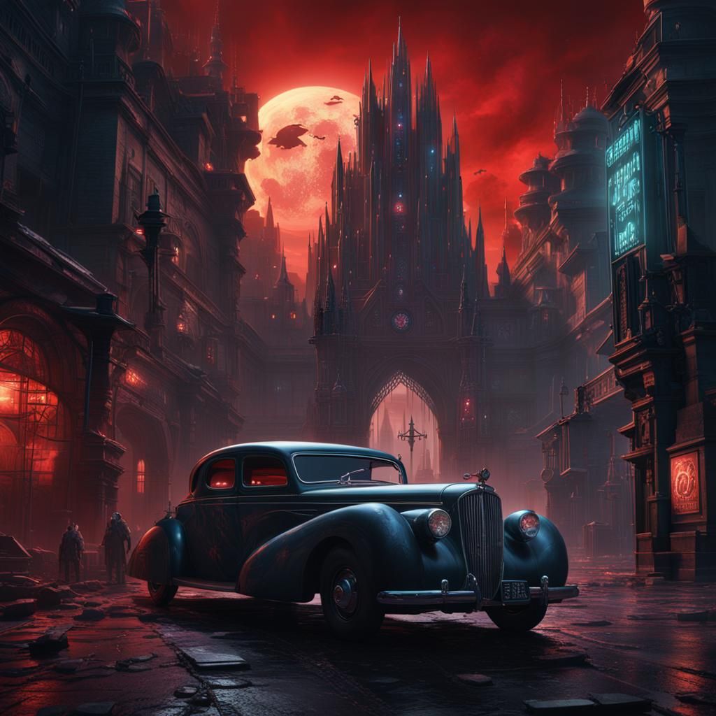 Cyberpunk Dracula in Dystopian Future as Matte Painting