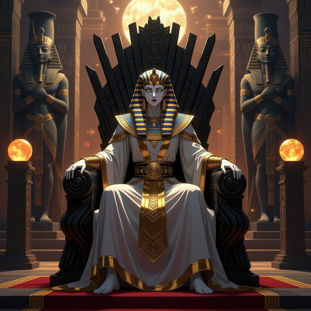 Regal Egyptian Pharaoh Figure on Obsidian Throne