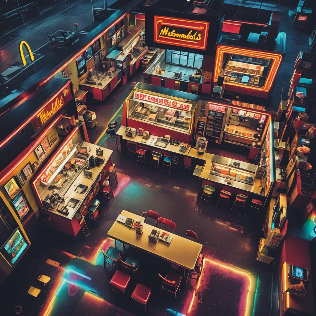 Surreal Desert McDonald's: Neon Rainbows and Scattered Food