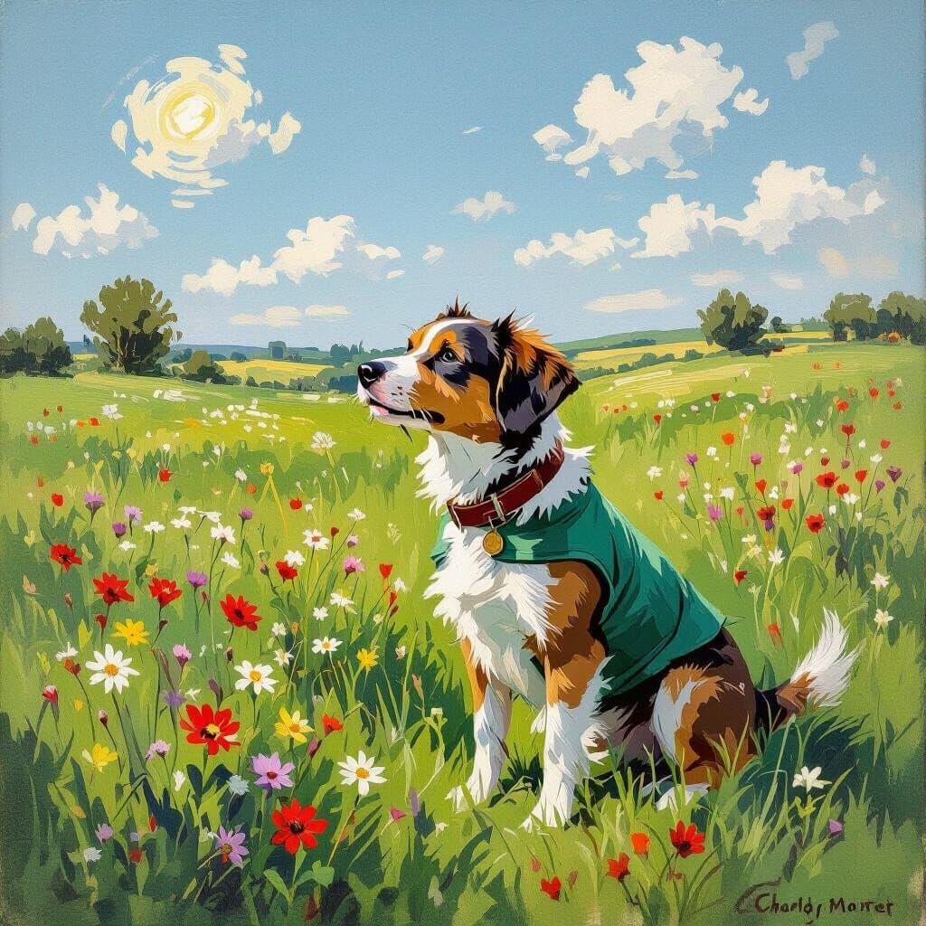 Dog Eating Grass in Impressionistic Meadow