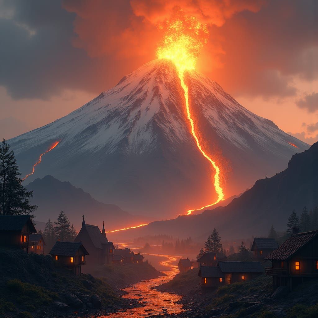Volcano Eruption at Dusk in Matte Painting Style