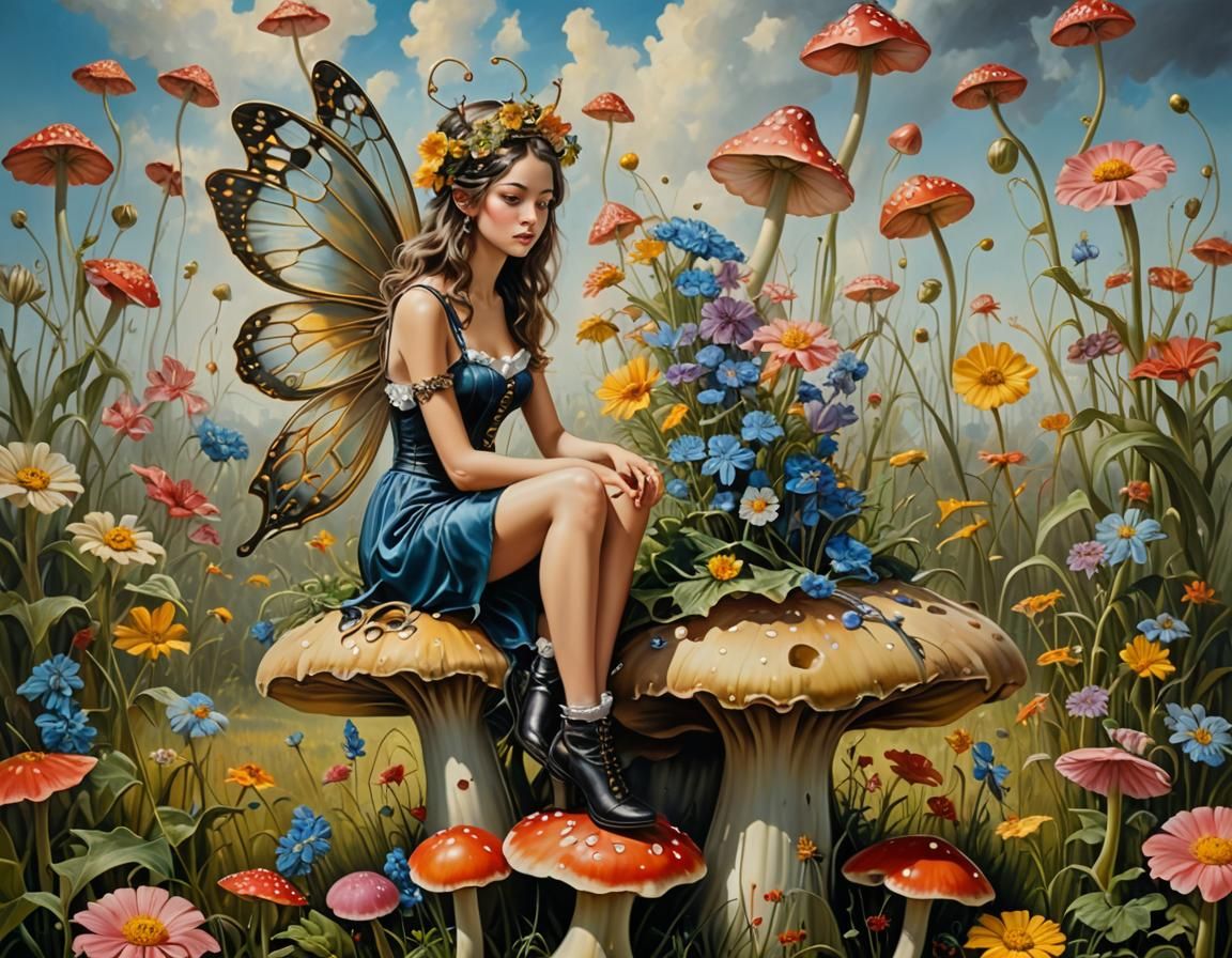 Fairy on Toadstool in Hyper-Realistic Surrealist Oil Paintin...