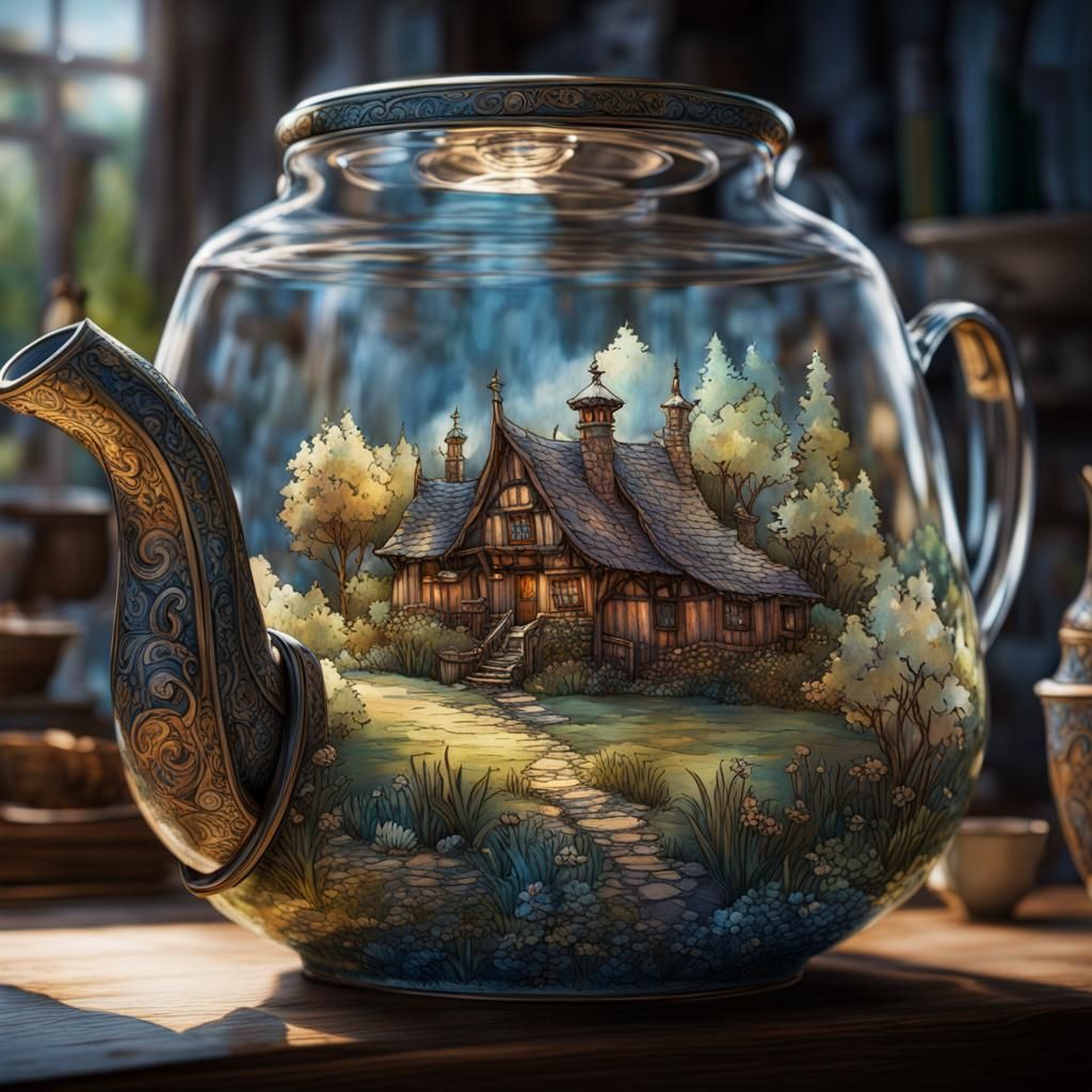 Picturesque Village Inside Teapot, Transparent Watercolor Ar...