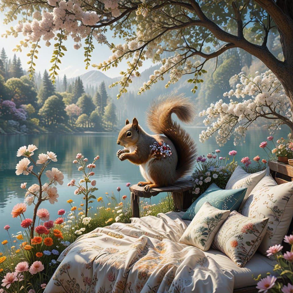 Ethereal Cabin Lake Scene with Happy Trees and Vibrant Flowe...