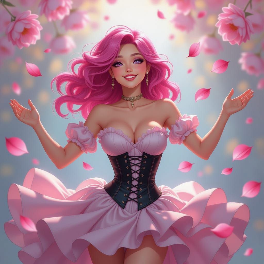 Pink Haired Woman in Peony Petals, Storybook Style