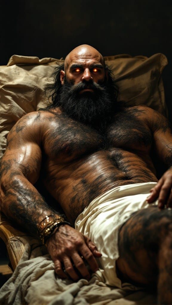 Muscular Man with Excessive Body Hair in Ancient Temple Styl...