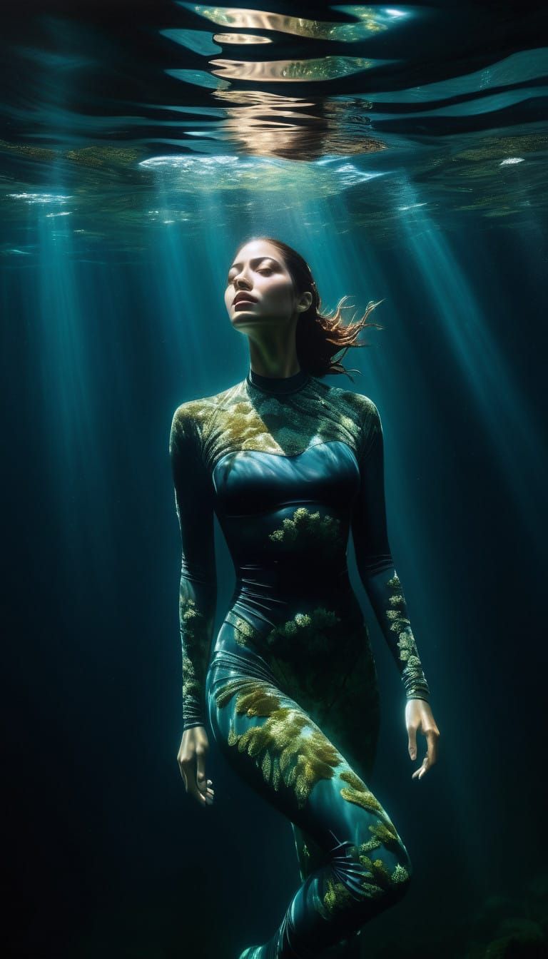 Diver Surrounded by Eerie Bioluminescent Algae in Dark Depth...