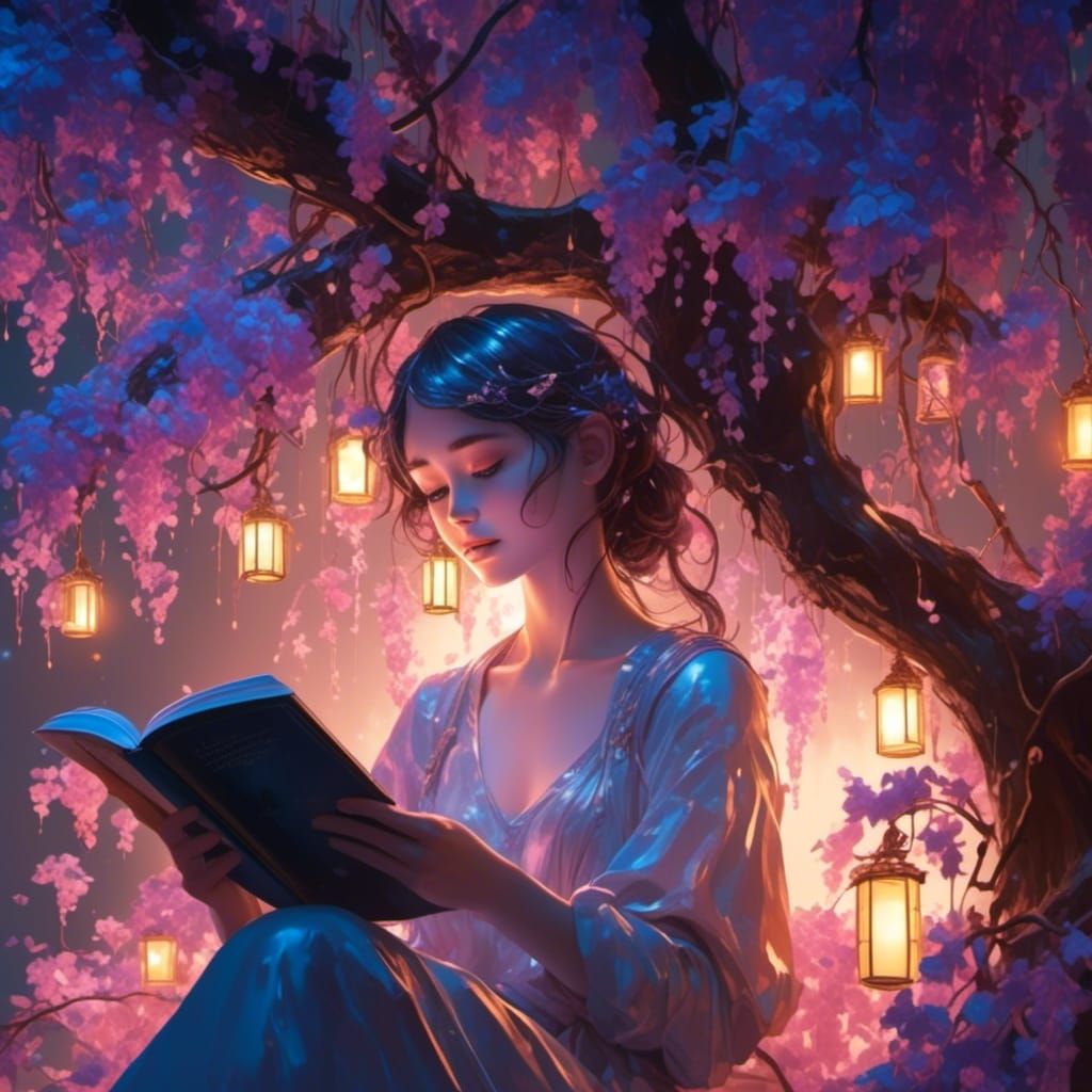 Girl Reading in Wisteria Tree by Bioluminescent Light