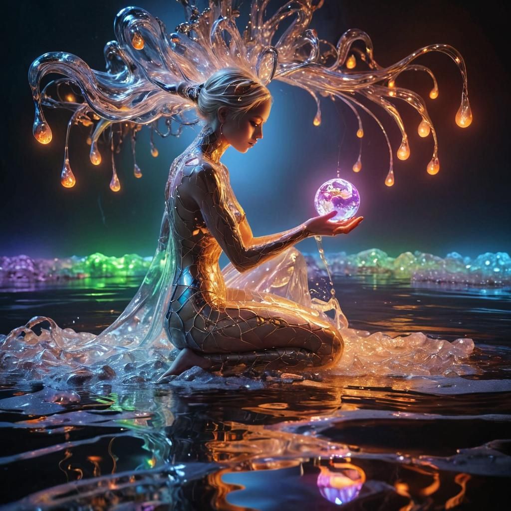 Surreal Woman with Neon Headdress in Gilded Tenebrism Style