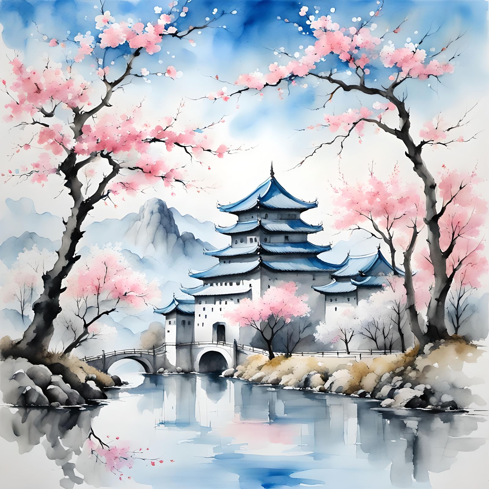 Cherry Blossom Castle in Watercolor Style