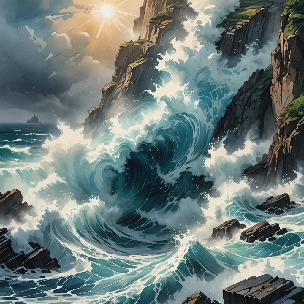 Cyberpunk Ocean Vortex Splash Art