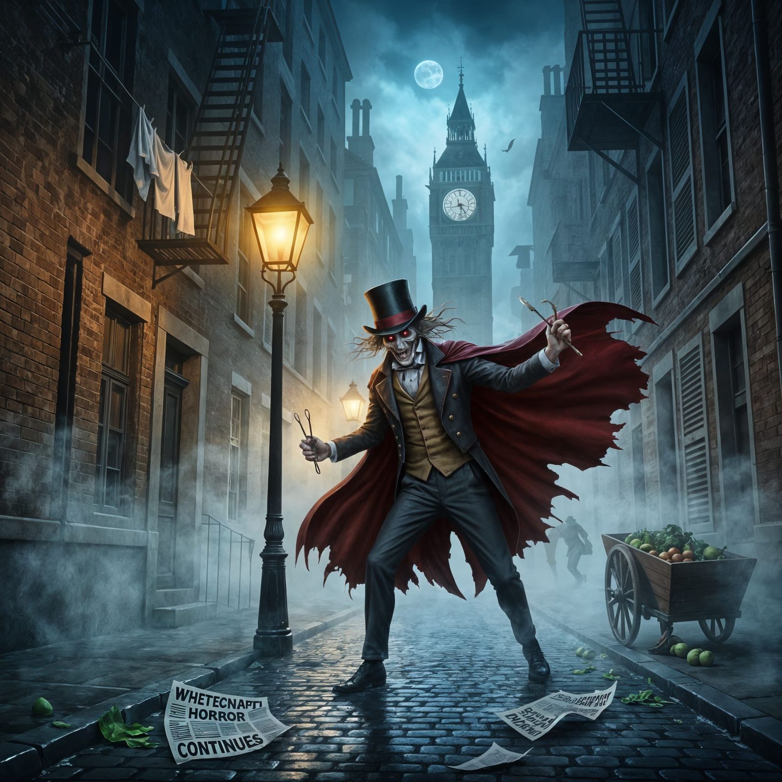 Skeletal Figure Lurks in Foggy Gaslight Whitechapel