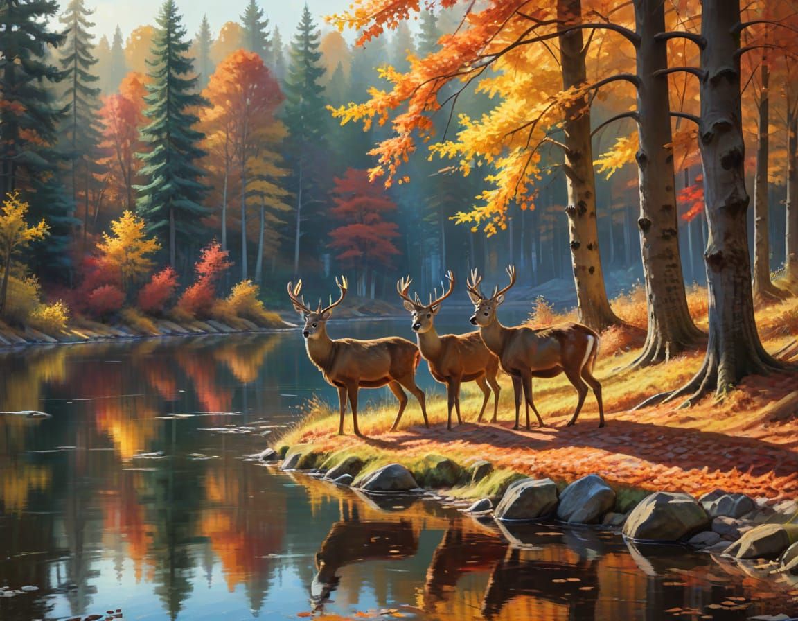 Autumn Forest Scene in Vibrant Oil Painting Style