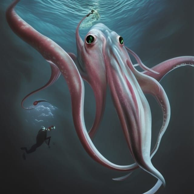 A photorealistic hyperrealism 3d giant squid swimming in the deep ocean