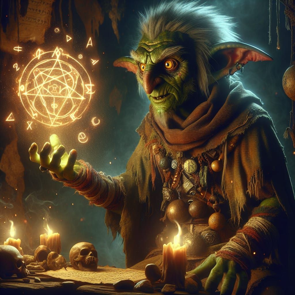 Goblin Warlock Conjuring Spell in Dark Cavern