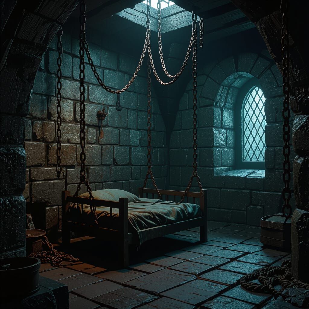 Mystical Dungeon Room with Chains and Ropes