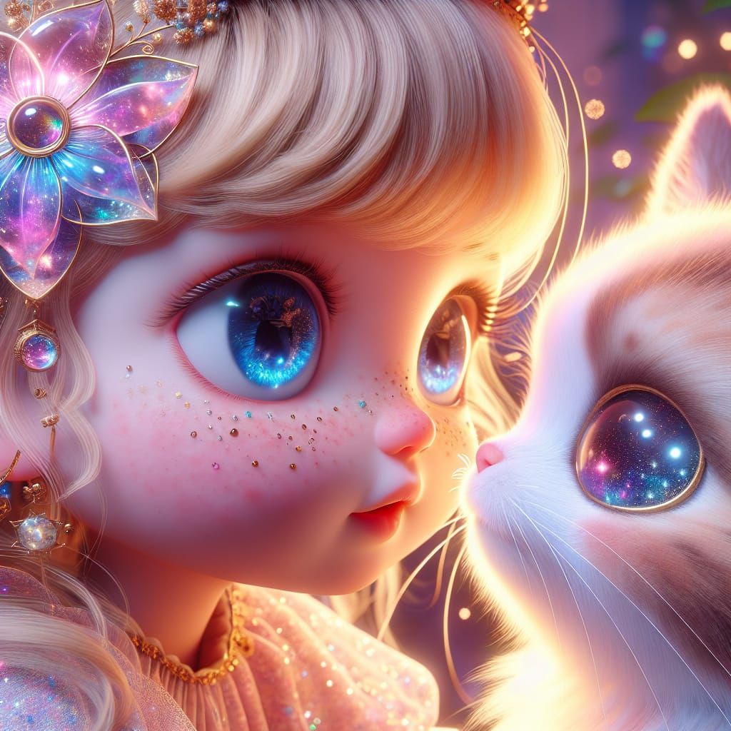 Charming Cartoon Girl Boops Kitten Nose in Enchanted Garden