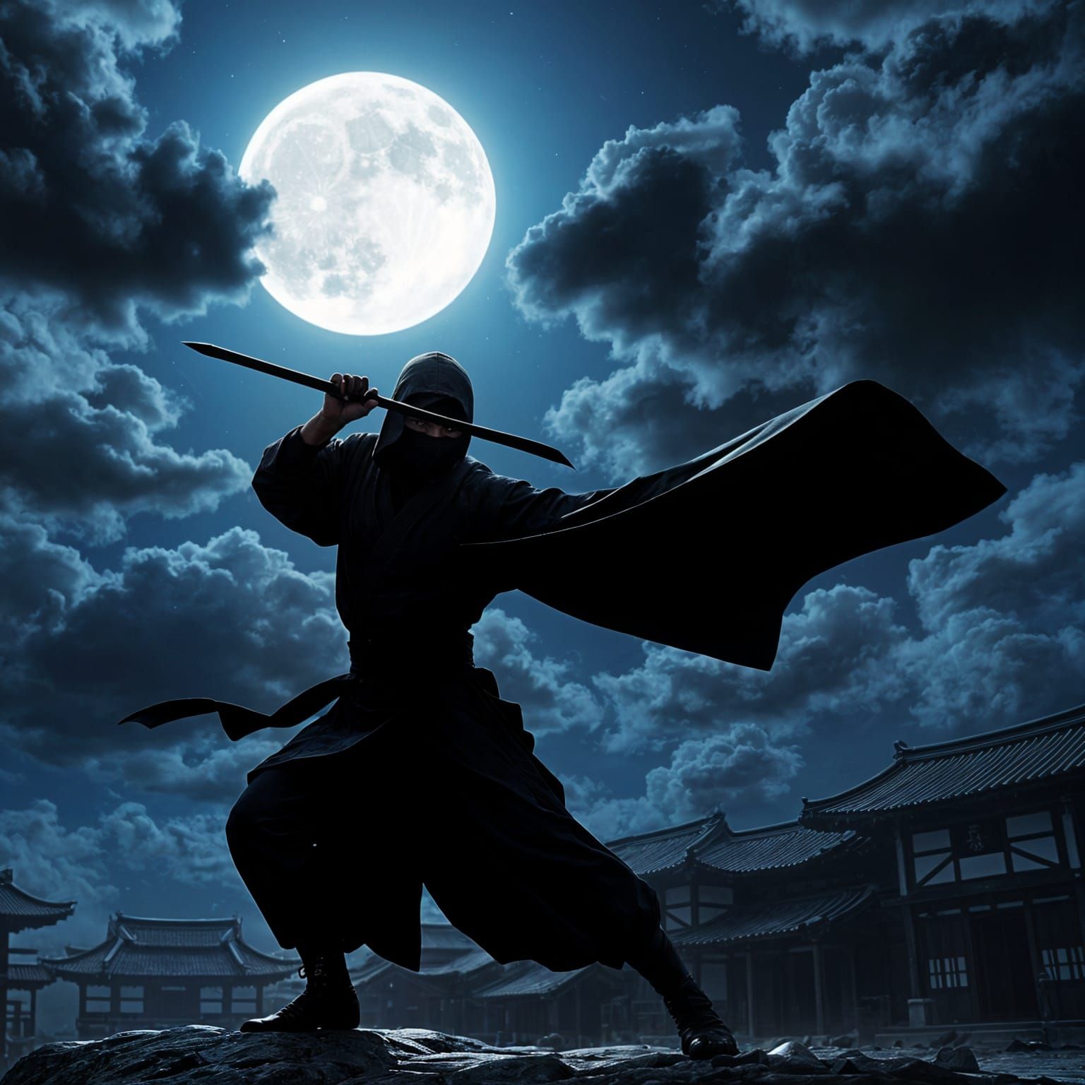 Ninja Warrior Silhouette Against Full Moon