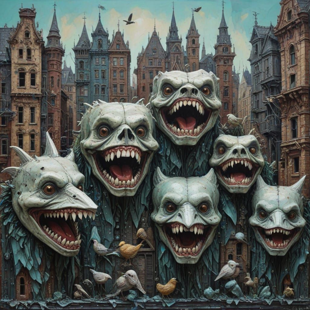 Surreal Cityscape in Ornate Textured Acrylic Style