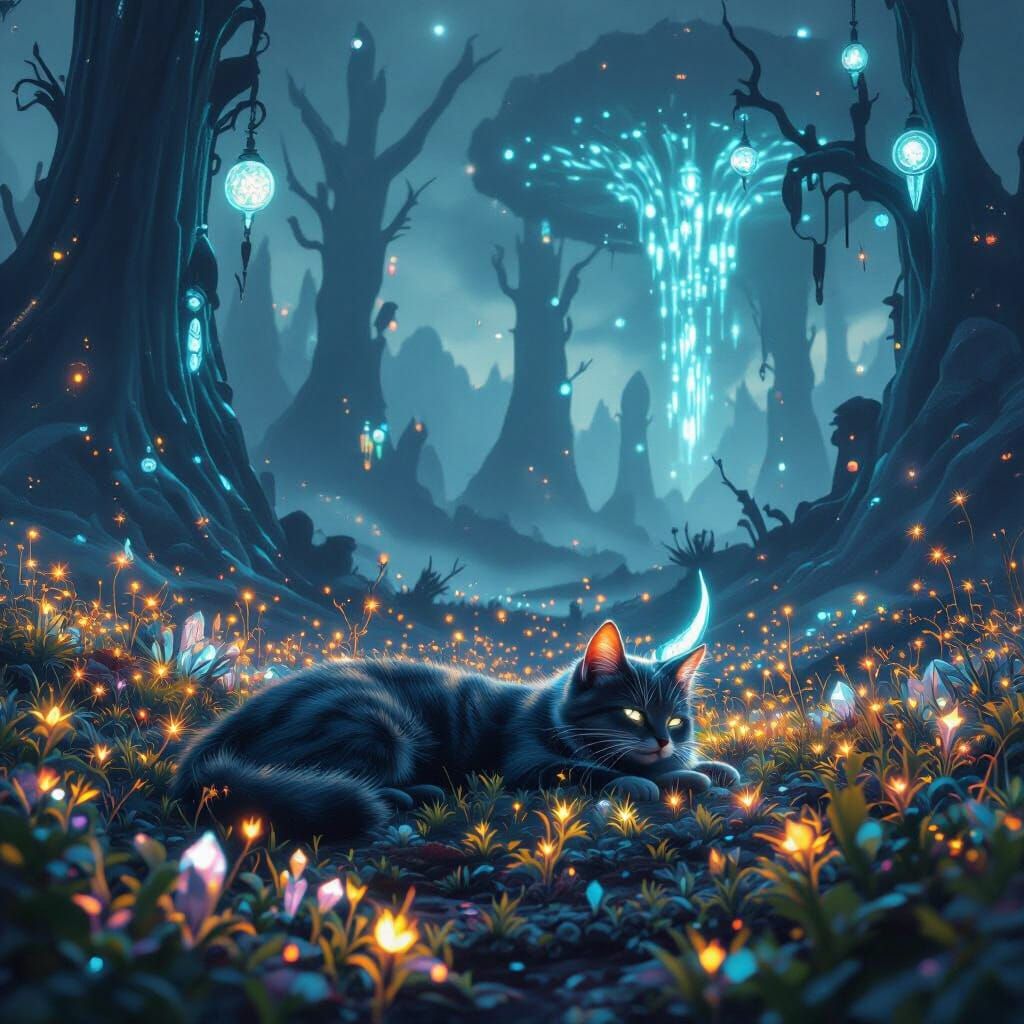 Bioluminescent Cat in Alien Landscape, Fantasy Concept Art