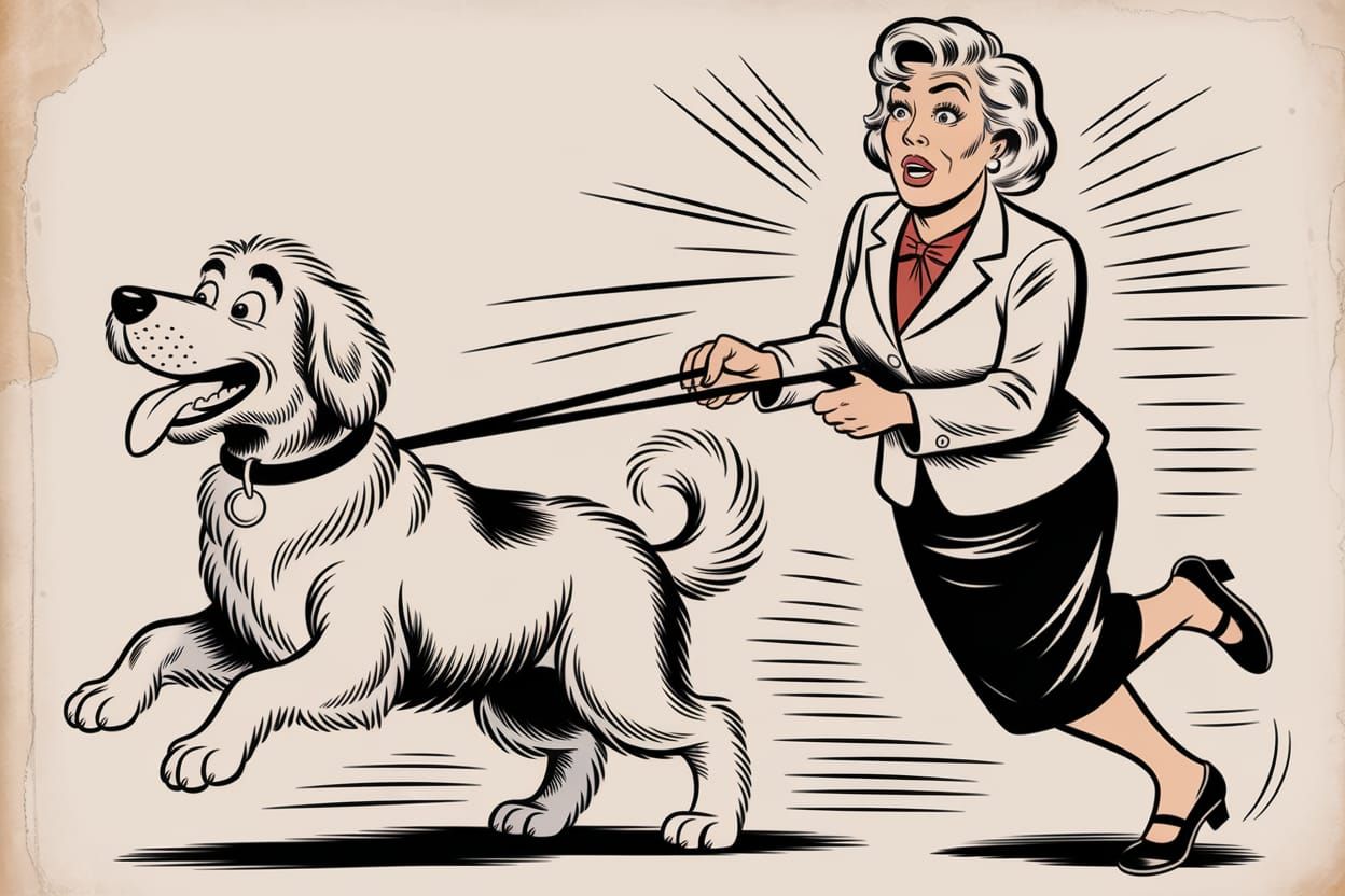 Retro Comic: Woman Pulled by Excited Dog