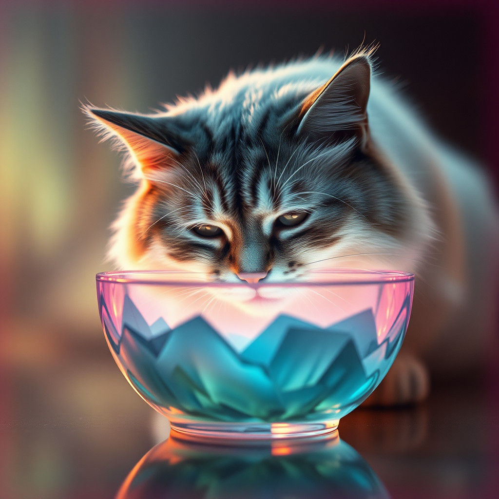 Cat Drinks from Aurora Borealis Bowl, Cinematic Lighting