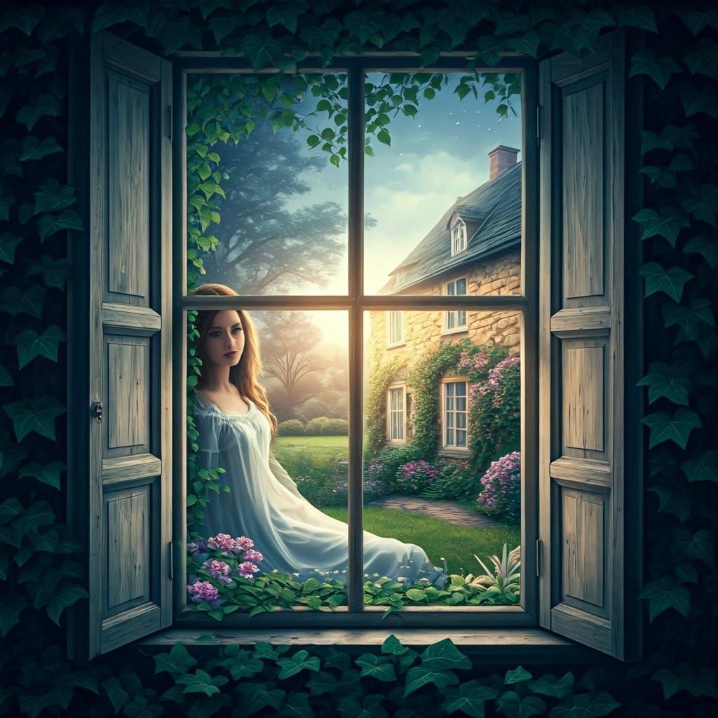 Ethereal Nighttime Garden Scene in Soft Blues and Whites