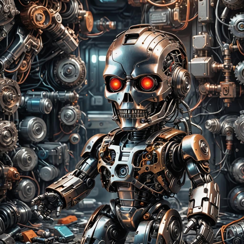 Baby Terminator Robot in Vibrant 3D Rendering