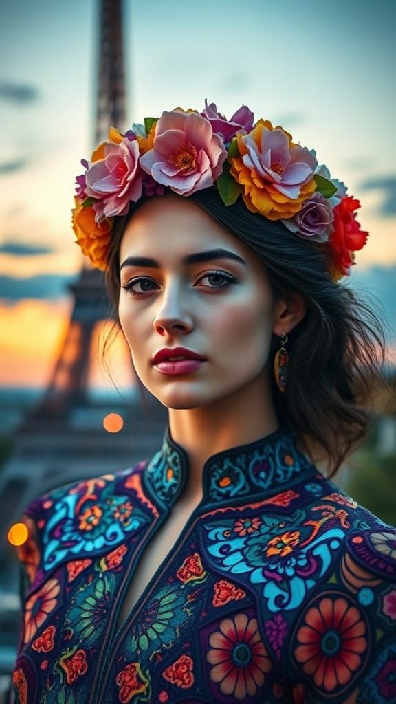 Young Woman in Vibrant Flower Crown at Sunset, Inspired by S...