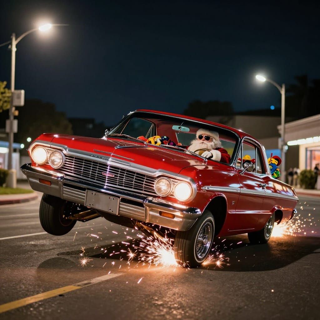 Santa Claus as Billy Gibbons Drives a Lowrider