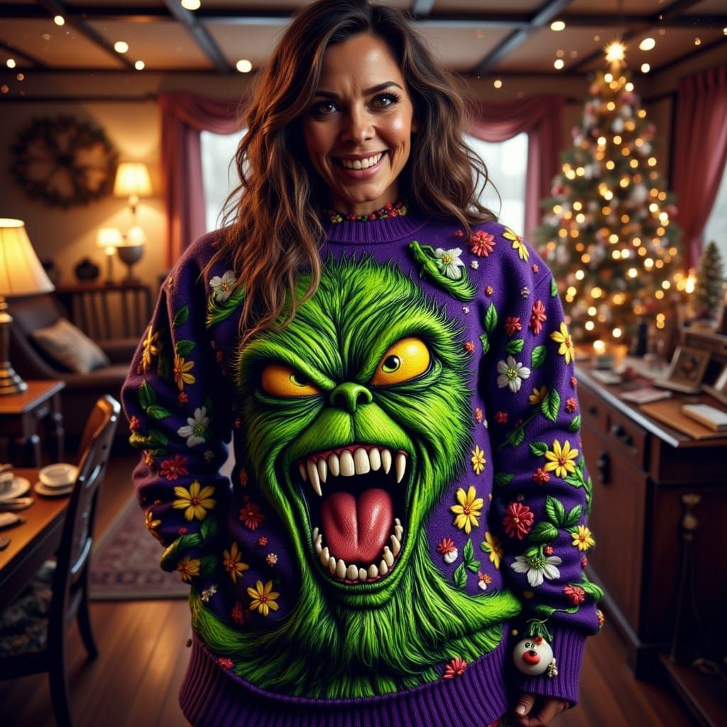 Woman in Ugly Grinch Christmas Sweater