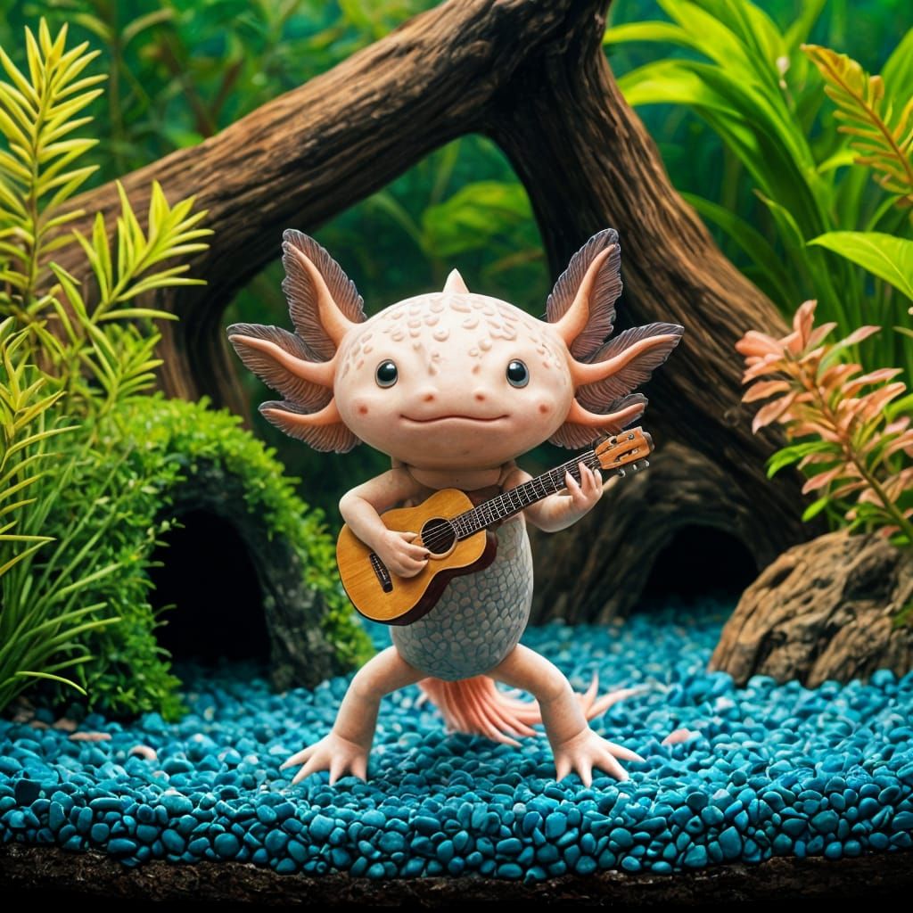 Charming Aquarium Scene with Happy Axolotl Musician