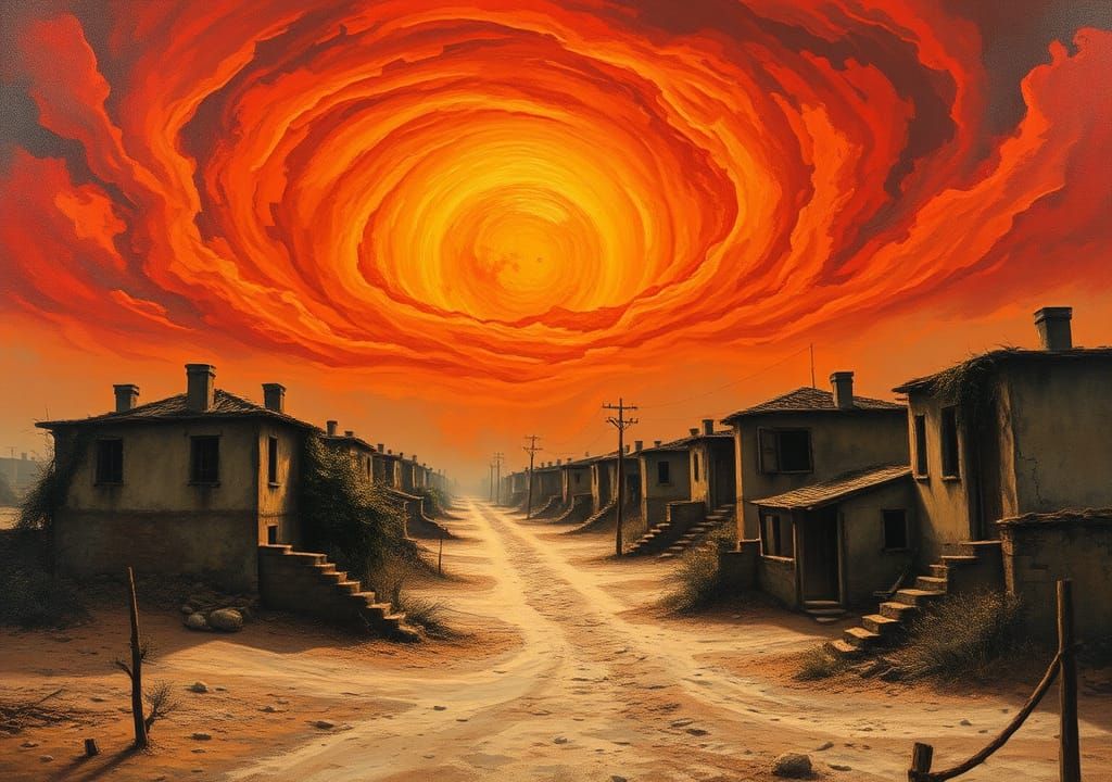 Blood-Red Sun Over Deserted Village in Expressionist Style