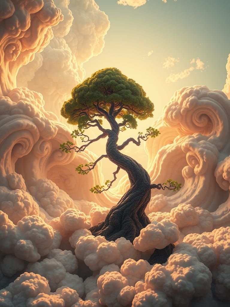 Giant Bonsai Tree in Fabric Clouds