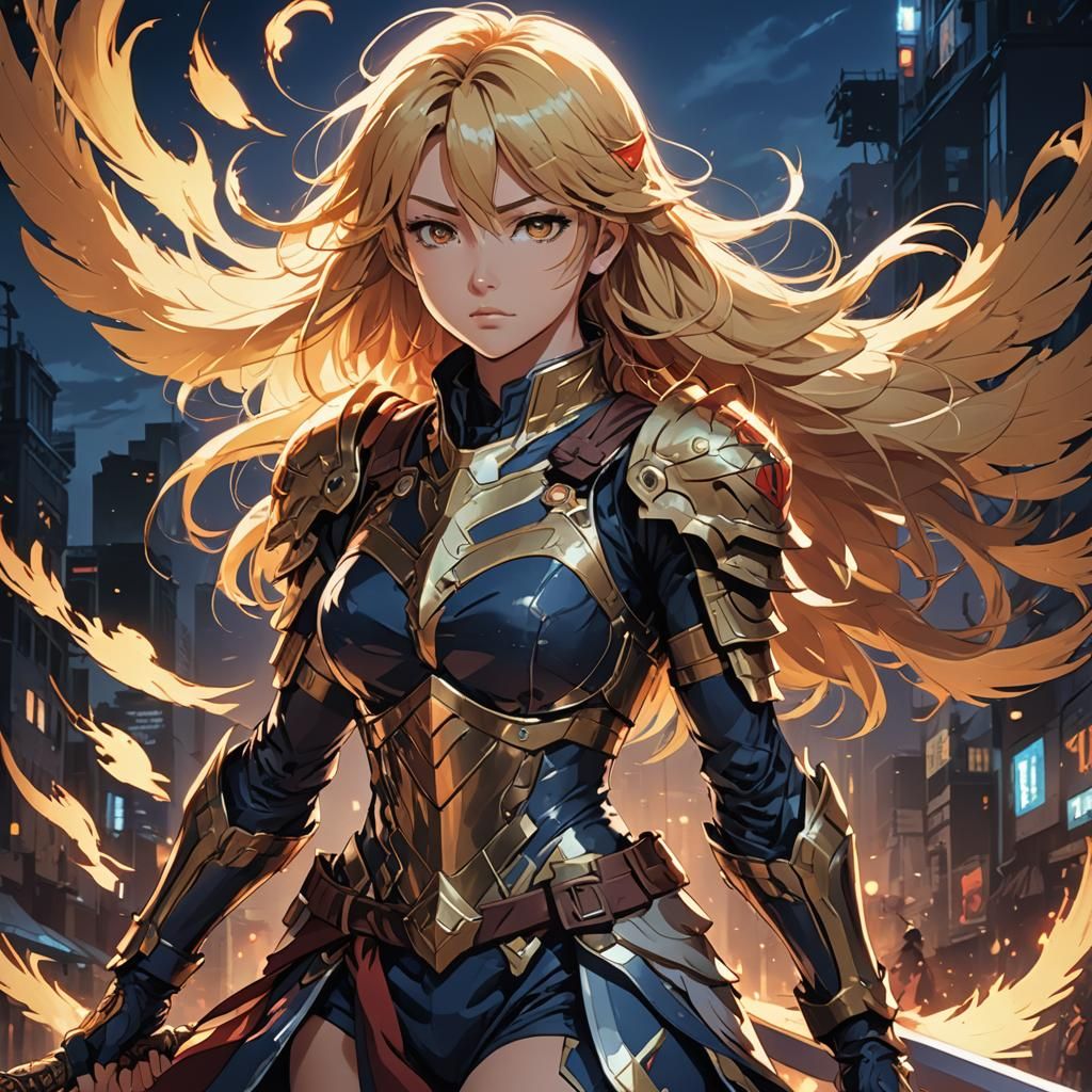 Anime Warrior Nitia with Phoenix in Cel-Shaded Style